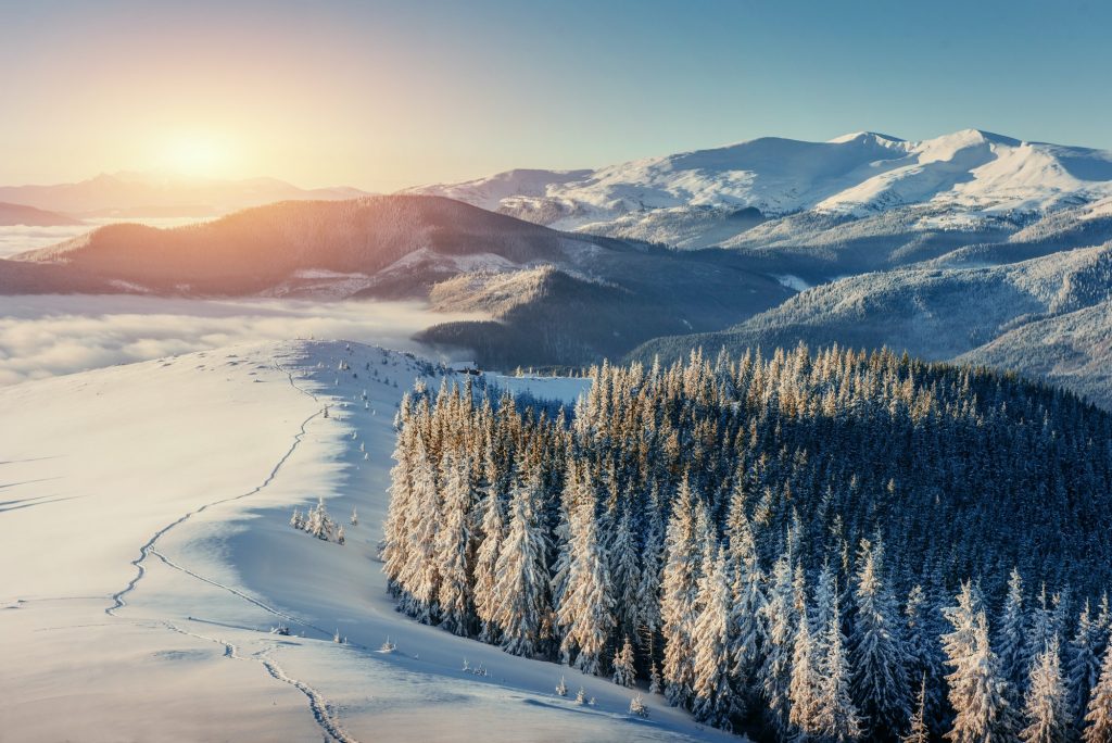 Fantastic winter landscape and worn trail leading into the mount